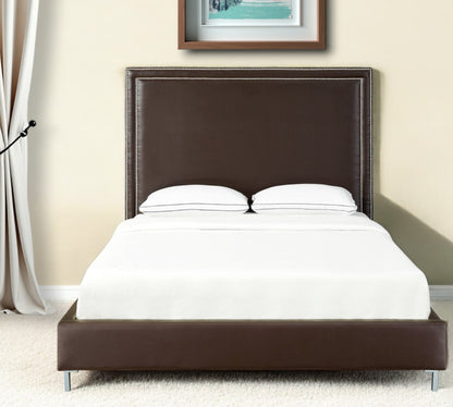 Espresso Solid Wood King Upholstered Faux Leather Bed with Nailhead Trim