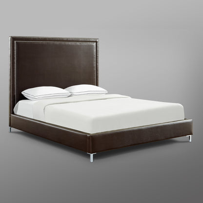 Espresso Solid Wood King Upholstered Faux Leather Bed with Nailhead Trim