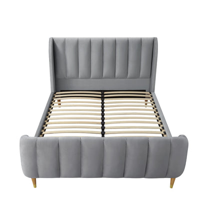 Gray Solid Wood Queen Tufted Upholstered Velvet Bed Frame