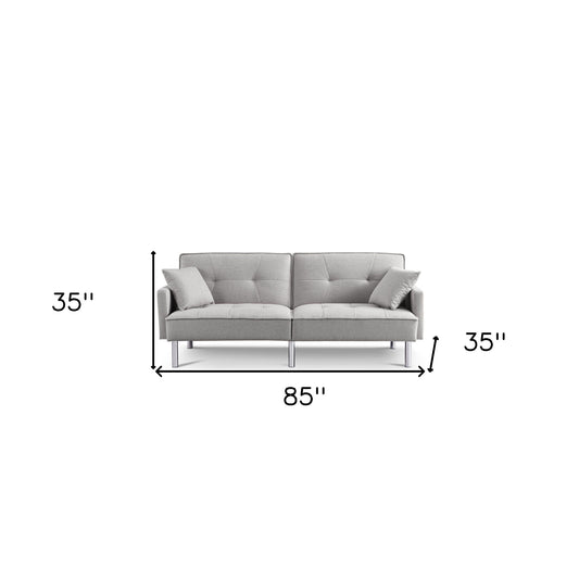 85" Light Gray Polyester Blend Convertible Futon Sleeper Sofa And Toss Pillows With Silver Legs