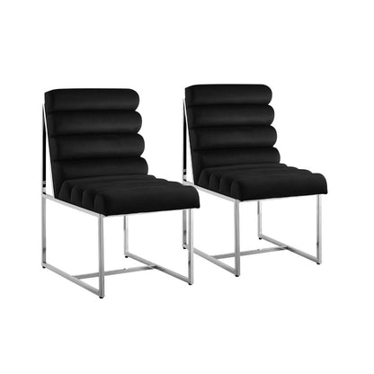 Set of Two Tufted Black And Silver Metallic Upholstered Velvet Dining Side Chairs