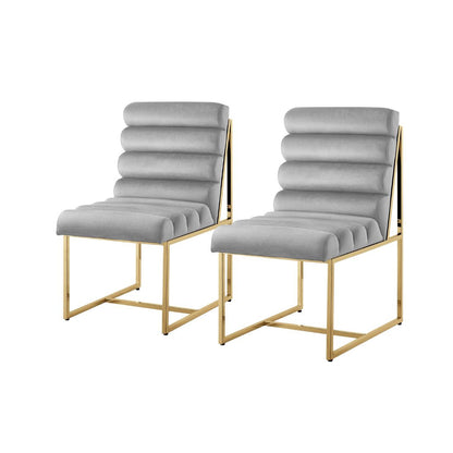 Set of Two Tufted Gray And Gold Upholstered Velvet Dining Side Chairs