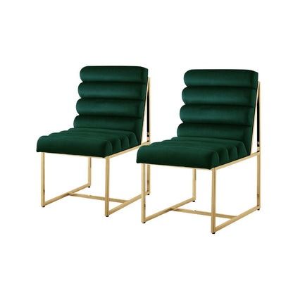 Set of Two Tufted Hunter Green And Gold Upholstered Velvet Dining Side Chairs