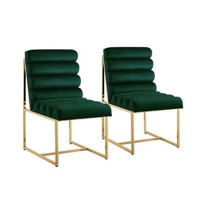 Set of Two Tufted Hunter Green And Gold Upholstered Velvet Dining Side Chairs