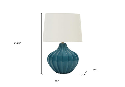 Lampe de table en céramique bleue de 24 po avec abat-jour empire crème