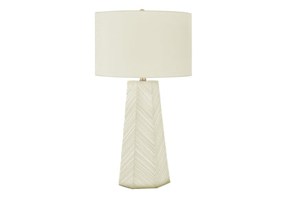 29" White Ceramic Geometric Table Lamp With Ivory Drum Shade