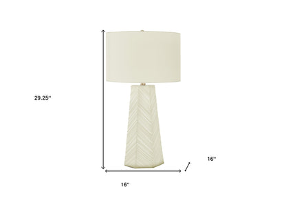 29" White Ceramic Geometric Table Lamp With Ivory Drum Shade