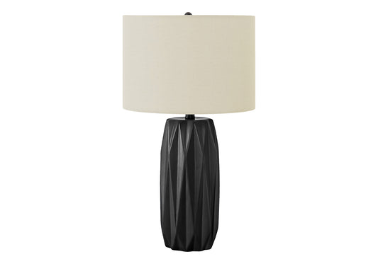 25" Black Ceramic Geometric Table Lamp With Ivory Drum Shade