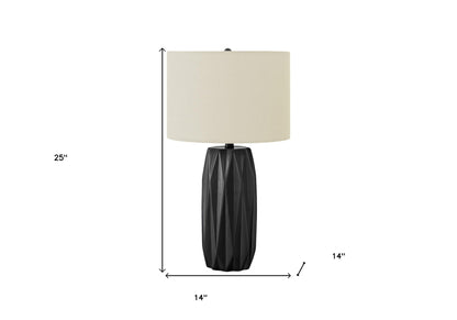 25" Black Ceramic Geometric Table Lamp With Ivory Drum Shade