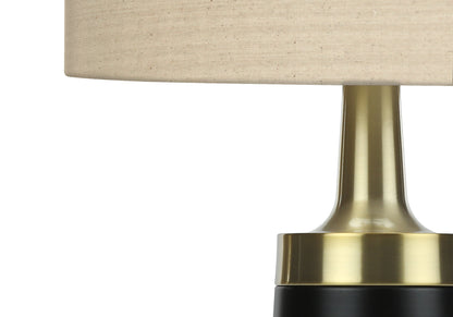 28" Black and Gold Metal Cylinder Table Lamp With Beige Drum Shade