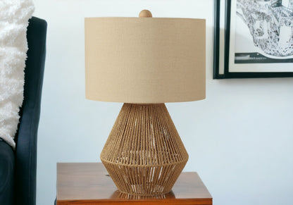 22" Brown Rattan Geometric Table Lamp With Beige Drum Shade