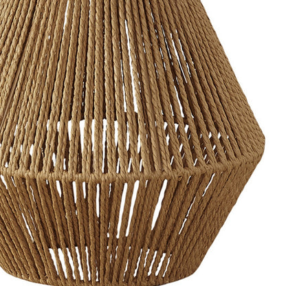 22" Brown Rattan Geometric Table Lamp With Beige Drum Shade