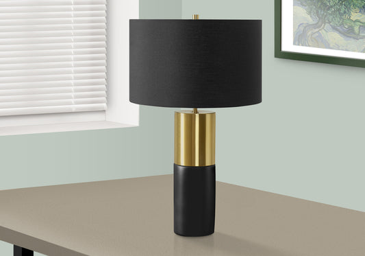 25" Black and Gold Concrete Cylinder Table Lamp With Black Drum Shade