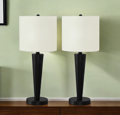 Set of Two 24" Black Metal Candlestick USB Table Lamps With Ivory Drum Shade