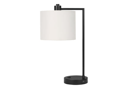 Lampe de table ronde USB en métal noir de 19 po avec abat-jour tambour ivoire