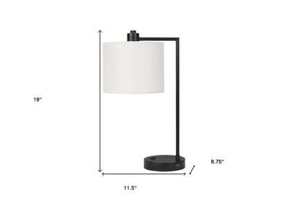 Lampe de table ronde USB en métal noir de 19 po avec abat-jour tambour ivoire