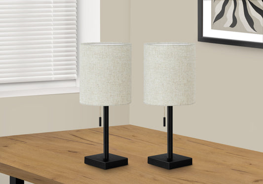 Set of Two 17" Black Metal Candlestick USB Table Lamps With Beige Drum Shade