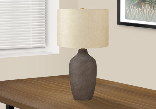 27" Gray Ceramic Urn Table Lamp With Beige Drum Shade