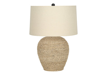 Lampe de table ronde en rotin beige de 25 po avec abat-jour tambour beige