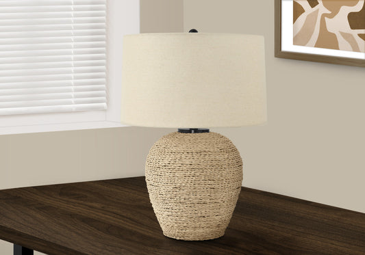 Lampe de table ronde en rotin beige de 25 po avec abat-jour tambour beige