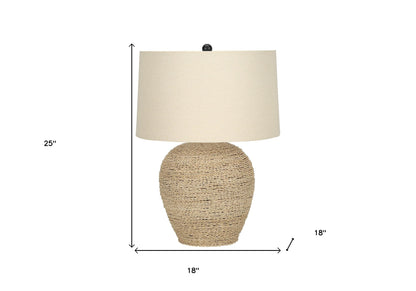 Lampe de table ronde en rotin beige de 25 po avec abat-jour tambour beige