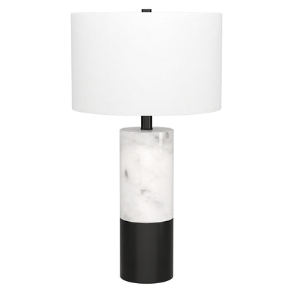 Lampe de table cylindrique en marbre noir et blanc et métal de 24 po avec abat-jour tambour blanc