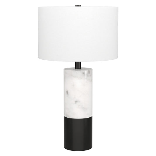 Lampe de table cylindrique en marbre noir et blanc et métal de 24 po avec abat-jour tambour blanc