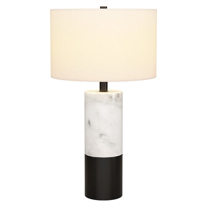 Lampe de table cylindrique en marbre noir et blanc et métal de 24 po avec abat-jour tambour blanc