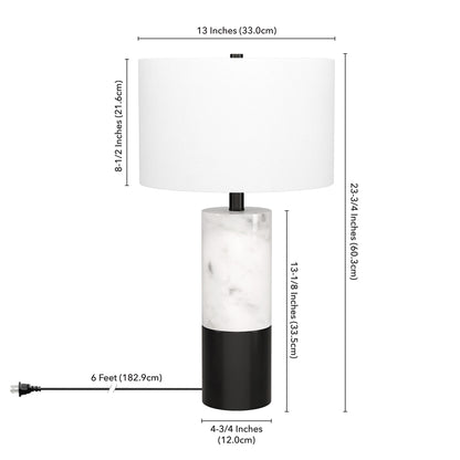 Lampe de table cylindrique en marbre noir et blanc et métal de 24 po avec abat-jour tambour blanc