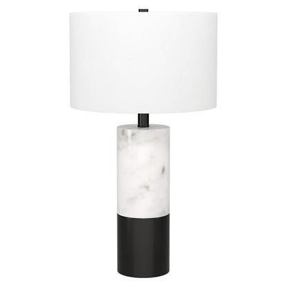 Lampe de table cylindrique en marbre noir et blanc et métal de 24 po avec abat-jour tambour blanc