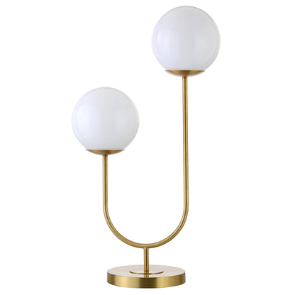 Lampe de table fantaisie en métal doré de 28 po à deux lumières avec abat-jour en forme de globe blanc