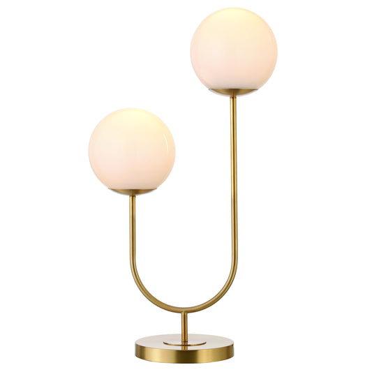 Lampe de table fantaisie en métal doré de 28 po à deux lumières avec abat-jour en forme de globe blanc