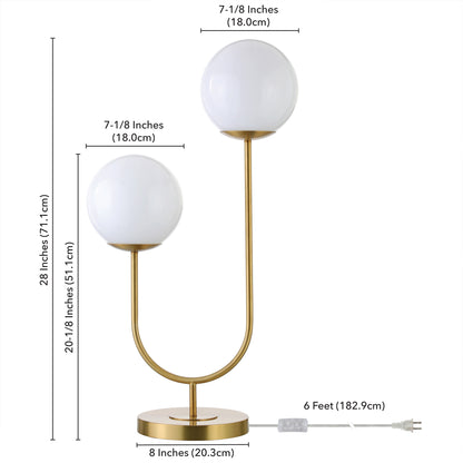 Lampe de table fantaisie en métal doré de 28 po à deux lumières avec abat-jour en forme de globe blanc