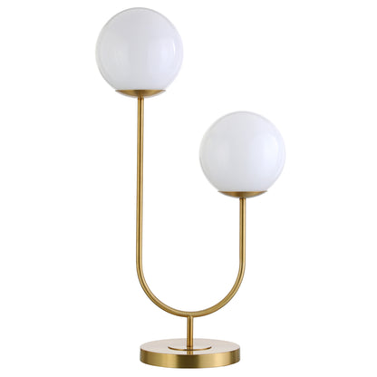 Lampe de table fantaisie en métal doré de 28 po à deux lumières avec abat-jour en forme de globe blanc