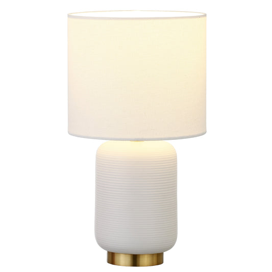 Lampe de table cylindrique en céramique dorée et blanche de 15 po avec abat-jour tambour blanc