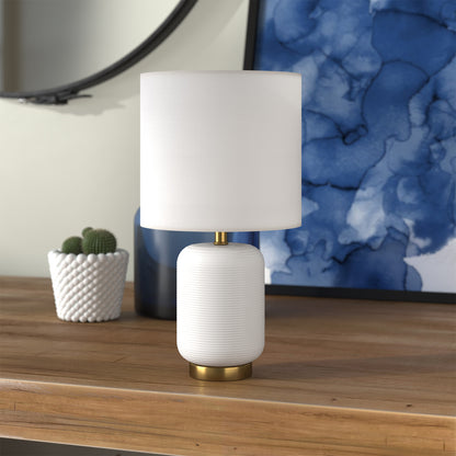 Lampe de table cylindrique en céramique dorée et blanche de 15 po avec abat-jour tambour blanc