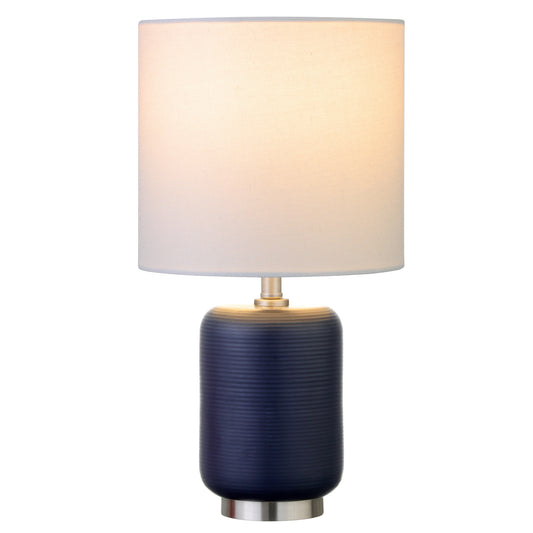 Lampe de table cylindrique en céramique bleue et argentée de 15 po avec abat-jour tambour blanc