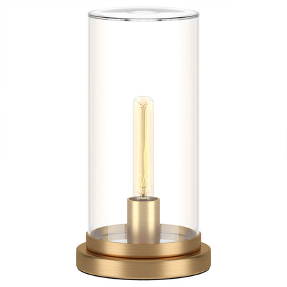 Lampe de table en métal et laiton de 13 po avec abat-jour cylindrique transparent