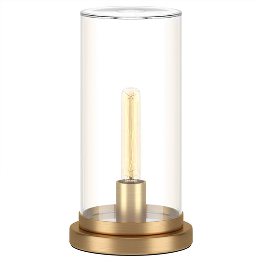 Lampe de table en métal et laiton de 13 po avec abat-jour cylindrique transparent