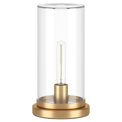 Lampe de table en métal et laiton de 13 po avec abat-jour cylindrique transparent