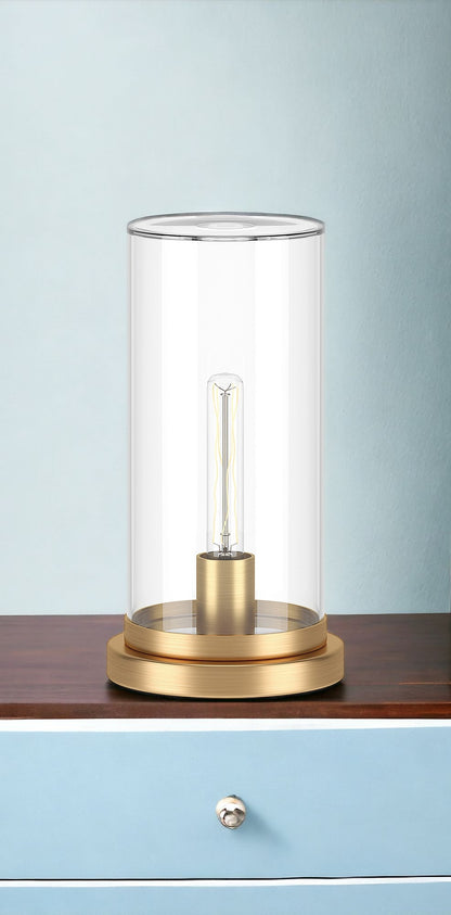 Lampe de table en métal et laiton de 13 po avec abat-jour cylindrique transparent