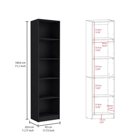 71" Black Five Tier Bookcase with Two doors