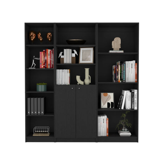 71" Black Five Tier Bookcase with Two doors