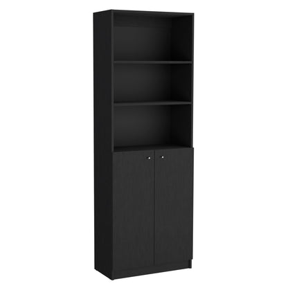 71" Black Five Tier Bookcase with Two doors