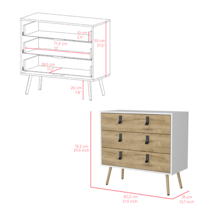 Commode à trois tiroirs blanche et naturelle de 32 po