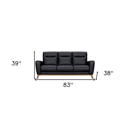 83" Black Leather Sofa With Brown Legs