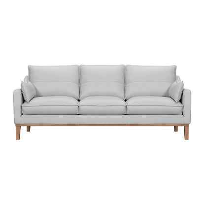 87" Gray Leather Sofa And Toss Pillows With Brown Legs