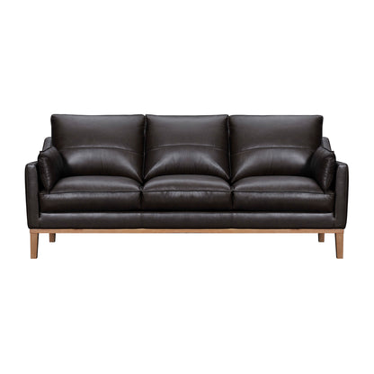 87" Dark Brown Leather Sofa And Toss Pillows With Brown Legs