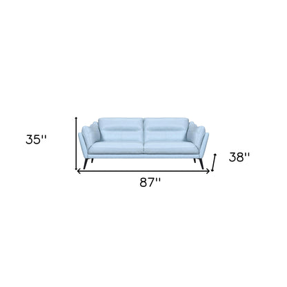 87" Sky Blue Leather Sofa With Black Legs