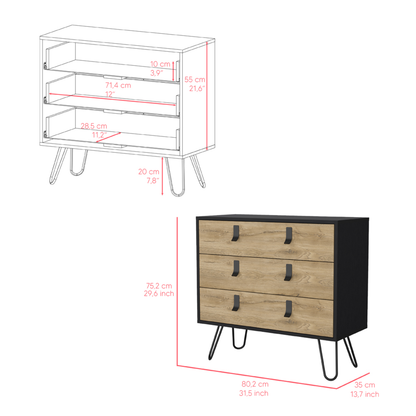 Commode à trois tiroirs de 32 po en bois naturel et noir